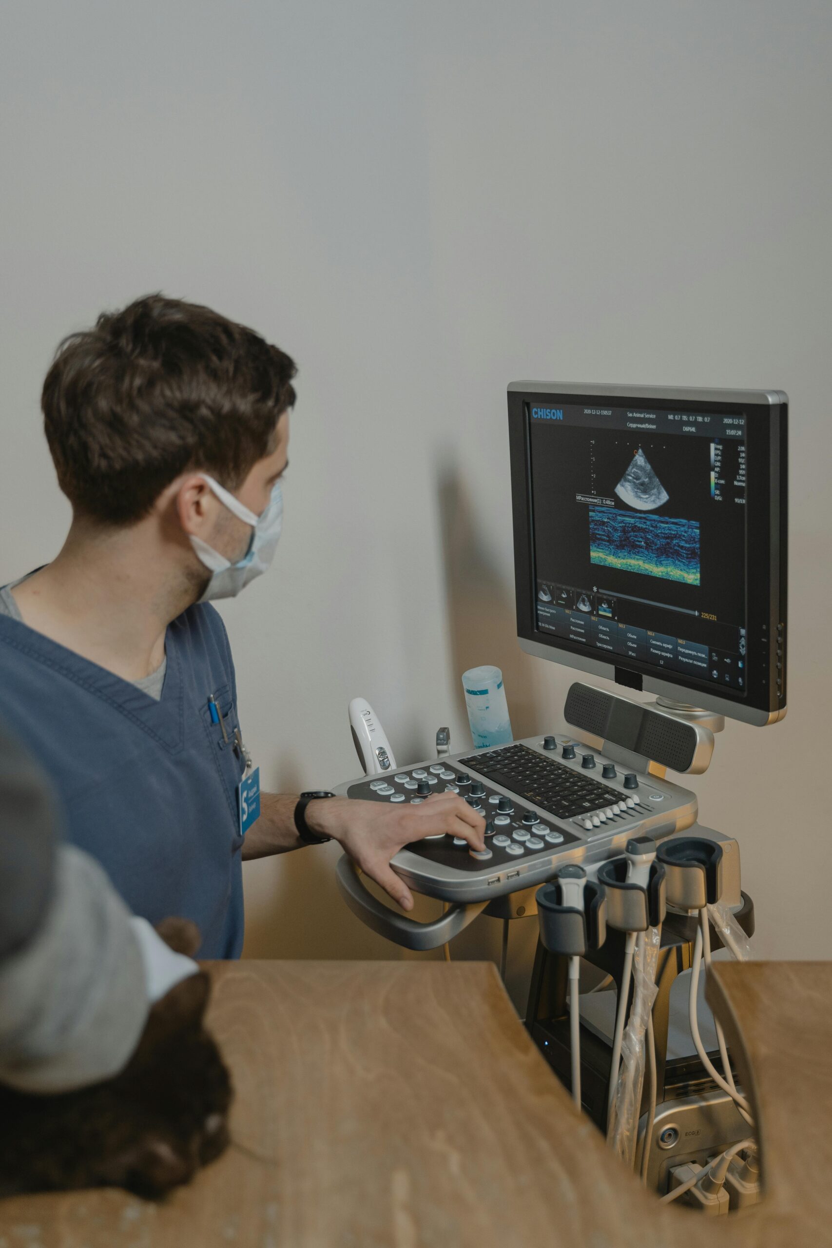 A veterinarian performing an ultrasound scan on an animal in a clinical setting.